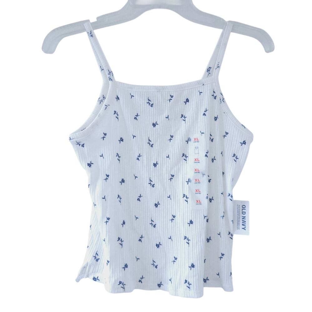 Old Navy White Tank Top White Blue Floral Design XL 14-16 Girls